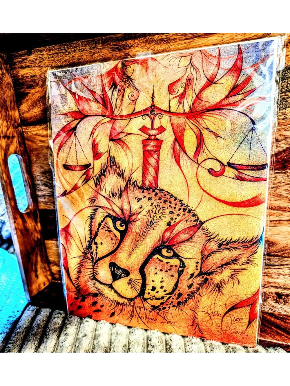 RARE Artist Signed Jada Fire Cheetah Oracle Tarot Card Print Wall Art BEAUTIFUL!